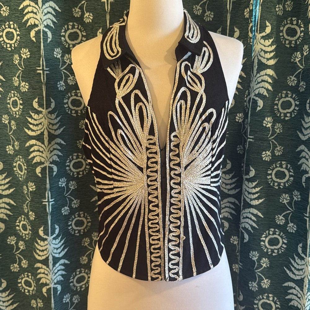 Free People Head West Black Silver Embroidered Halter Sleeveless Vest Top S NWOT - Picture 7 of 13